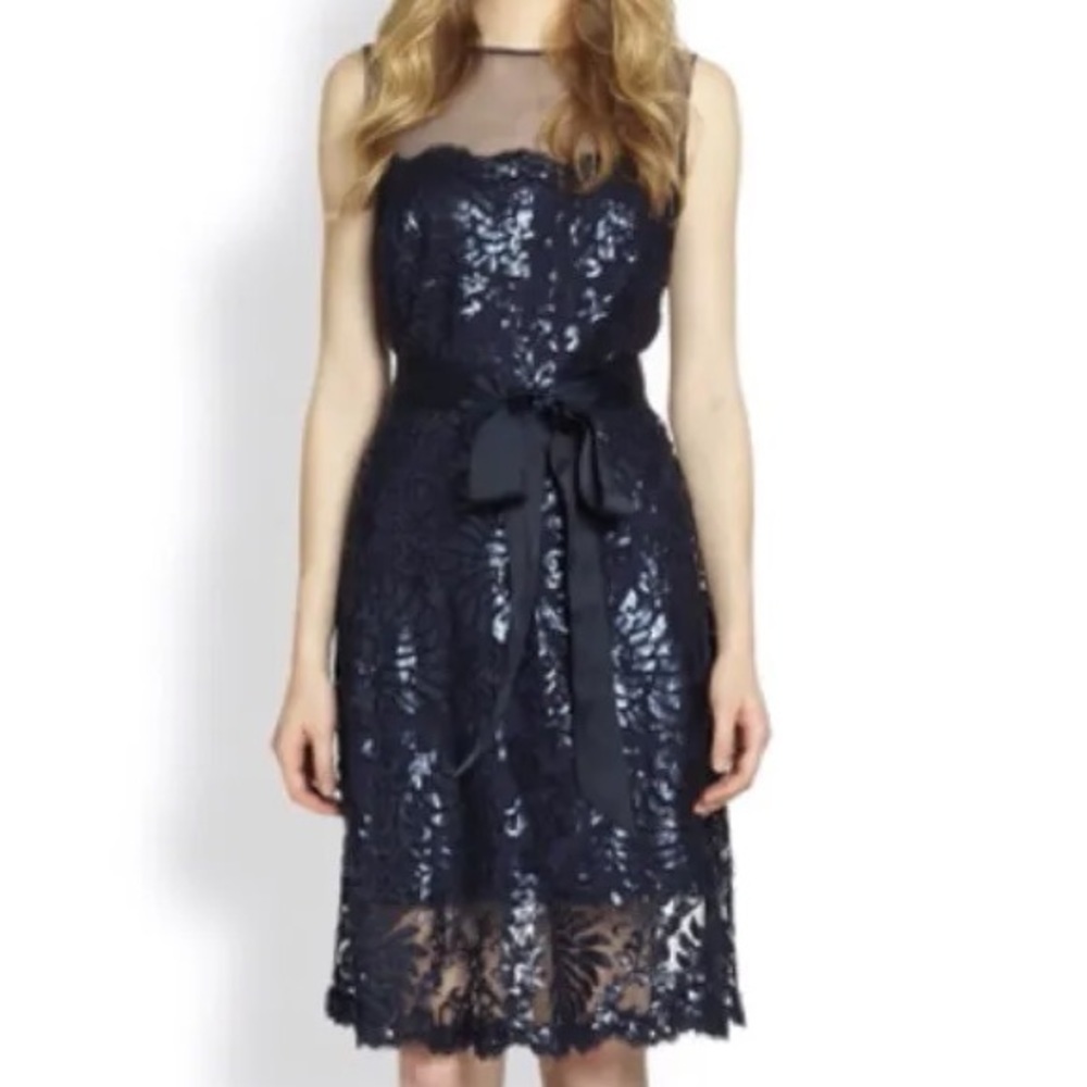Tadashi Shoji Illusion Yoke Embroidered Sequin Lace Dress - Picture 3 of 12
